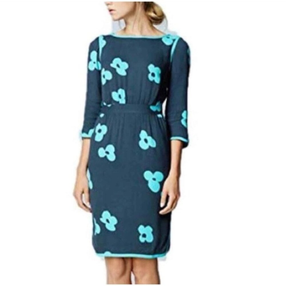 Boden‎ Dress Size US 12L Tipped Clover Viscose Blue Floral 3/4 Sleeve